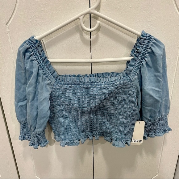 NWT Bar III Blue Smocked Crop Top - Picture 3 of 14